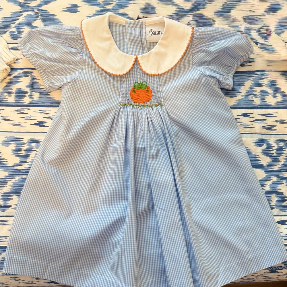 Delaney Dress- Charming Blue and Orange Halloween Needle Point Pumpkin Accent